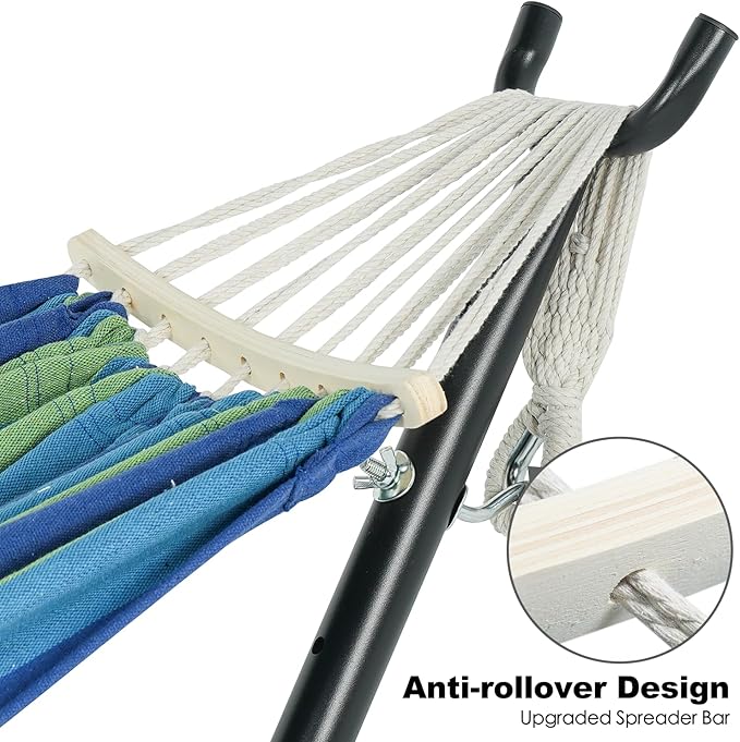 Double Hammock with Stand for Outside, Upgraded Spreader Bar, Heavy Duty Space Saving Steel Stand 2 Person, Side Pockets, Easy Assembly, 600lbs Weight Capacity, Indoor & Outdoor (Green Blue)