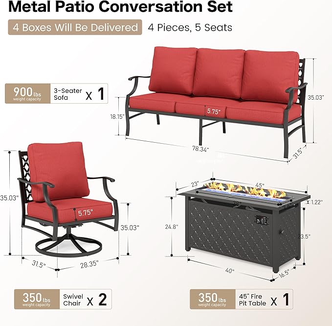 4 Piece Metal Outdoor Patio Furniture Sets with 5000 BTU Firepit Table, Patio Conversation Sets 1 3-Seater Sofa, 2 Swivel Chair with 5.75" Thick Cushion, Black Backyard Furniture, Red