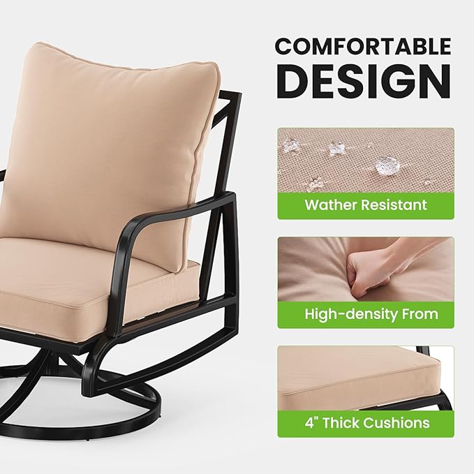 Soohow Patio Furniture Set, 4 Piece Outdoor Patio Furniture Set, 2 x Outdoor Swivel Chair, 1 x 2-Seats Sofa and 1 x Coffee Table, Metal Conversation Set for Porch, Balcony, and Backyard