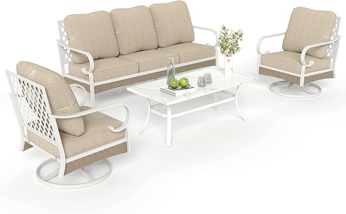 4 Piece Patio Furniture Set, 2 x Swivel Chair, 1 x 3-Seat Sofa with Marbling Coffee Table, All Cushioned 5 Seats Outdoor Conversation Set for Lawn Garden Backyard, Beige