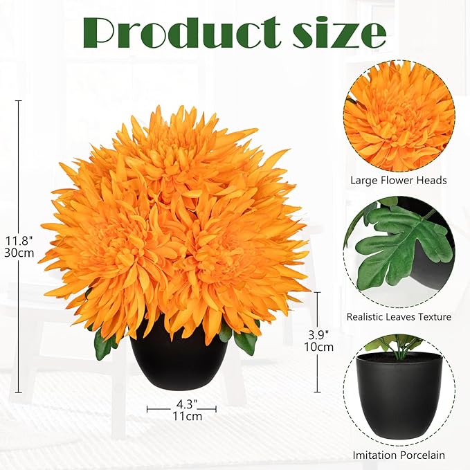 Hollyone Artificial Mums Flowers in Vase Faux Chrysanthemum Silk Flower Potted Plant Fake Plants & Flowers with Pot Floral Arrangements Bouquets Pincushion Spider Mum Flower Home Decor Orange