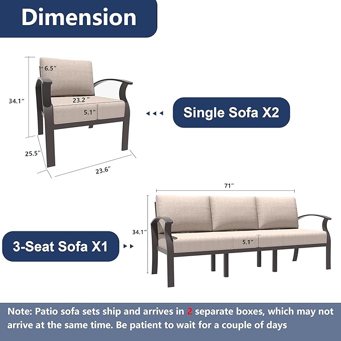 Kurapika Aluminum Patio Furniture Set 5-Seat Modern Metal Outdoor Conversation Sets w/5.1 Inch Cushion Patio Sectional Sofa, Sand