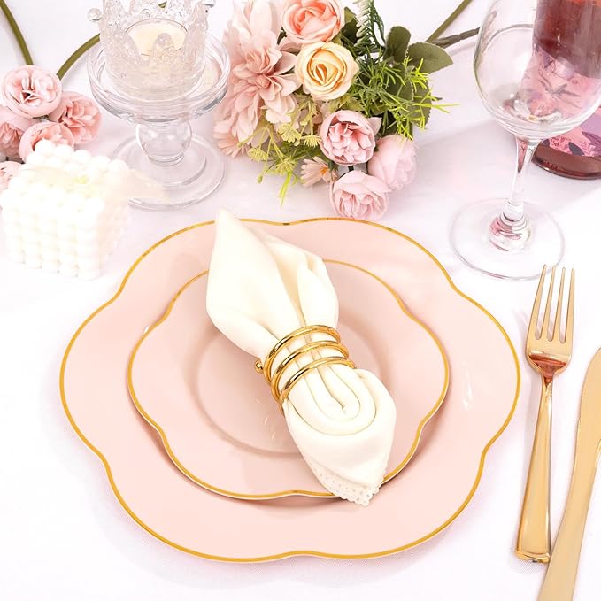 Liacere 50PCS Pink Plastic Plates - Heavy Duty Pink Disposable Plates - Pink and Gold Plastic Plates Include 25PCS Pink Dinner Plates,25PCS Pink Dessert Plates for Mother's Day& Baby Shower Gifts