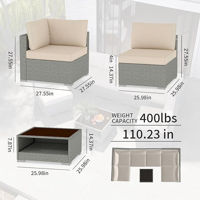Patio Furniture Set 7-Piece, All-Weather Outdoor Conversation Set Sectional Sofa with Water Resistant Grey Thick Cushions and Coffee Table（Khaki）