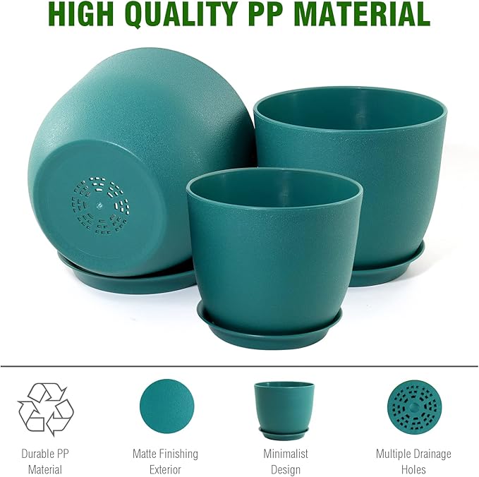 Modern Plant Pots Set, 9/8/7.5 inch Plastic Planters for Indoor Plants, Stylish Flower Pots with Drainage Holes and Saucers for House Plants and Flowers, Blue