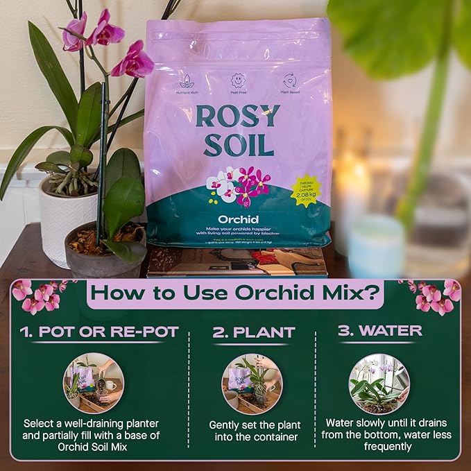Rosy Soil Orchid Soil Potting Mix - Superior Aeration & Drainage for Orchids - Peat-Free, Microbially Active Biochar Powered Soil for Orchid Plants - Ideal for Indoor Gardening - 4 Quarts