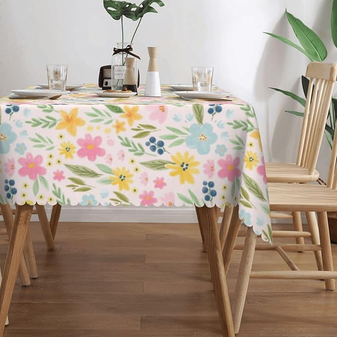 Cute Floral Table Cloth for Dining Tables, Reusable Boho Spring Flowers Tablecloths Rectangle Decoration Kitchen Colorful Wildflowers Summer Table Cover for Holiday,Party,Picnic,54x72Inch