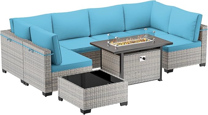 8-Piece Modern Patio Conversation Set with 55,000 BTU Fire Pit Table, Thick Cushions, Dual-Strand Wicker Rattan, Rust-Resistant Frame, Lake Blue
