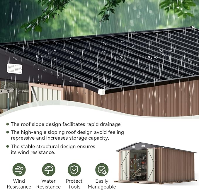Aoxun 10 x 12FT Outdoor Storage Shed with Double Hinged Large Door Utility Garden Shed with Lockable Door & Sloped Roof Metal Sheds Outdoor Storage for Garden, Backyard, Patio and Backyard, Brown