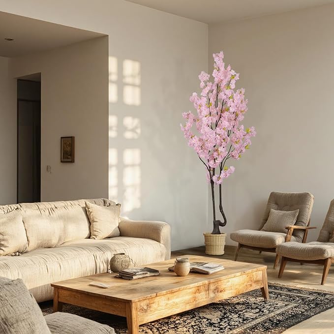 Faux Pink Cherry Blossom Tree 7ft(84in) Tall Artificial Plant Indoor Decor Handmade Natural Fake Cherry Sakura Tree for Wedding Realistic Tree Plant in Pot for Home Living Room,Office,Outdoor Decor.