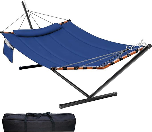 TegerDeger 12FT 2 Person Hammock with Stand Included 55 x 79IN Large Hammock 450LB Capacity with Hardwood Spreader Bar & Nylon Rope for Outside, Patio, Garden, Backyard, Beach, Poolside - Blue