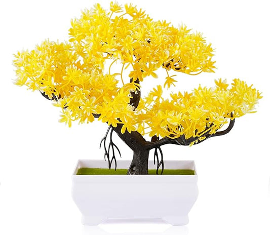 Mini Artificial Bonsai Tree Plants with Plastic Cement Pots for Home Office Décor (Yellow)