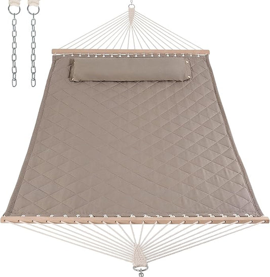 ANOW Double Hammock with Spreader Bars and Detachable Pillow, 2 Person Hammock for Outside, 450 LBS Weight Capacity, Light Brown