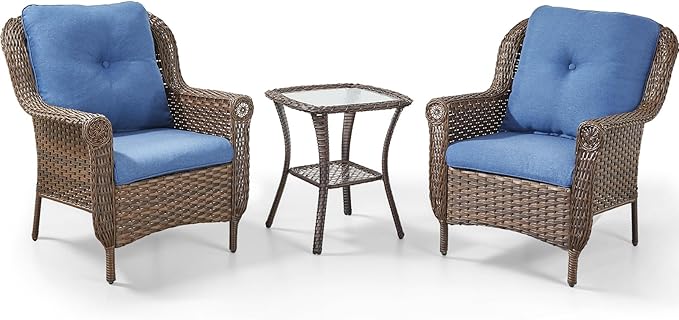 3 Piece Patio Brown Wicker Chairs with Side Table - Outdoor High Back Heavy Duty All-Weather Lawn Dining Rattan Chair Conversation Bistro Set for Deck Porch Balcony Backyard Garden - Navy Blue