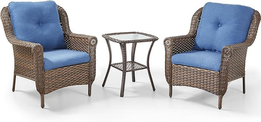 3 Piece Patio Brown Wicker Chairs with Side Table - Outdoor High Back Heavy Duty All-Weather Lawn Dining Rattan Chair Conversation Bistro Set for Deck Porch Balcony Backyard Garden - Navy Blue