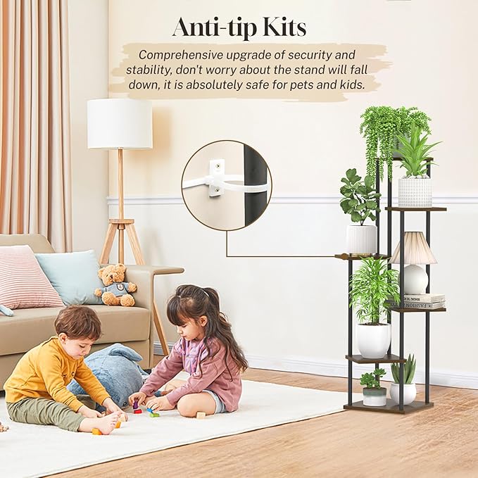 6 Tier Plant Stand Indoor, Tall Metal Wood Muti-Level Planter Shelf Holder, Sturdy Large Vertical Corner Orchid Flower Pot Display Rack for Narrow House Decor Office Living Room Bedroom, Oak