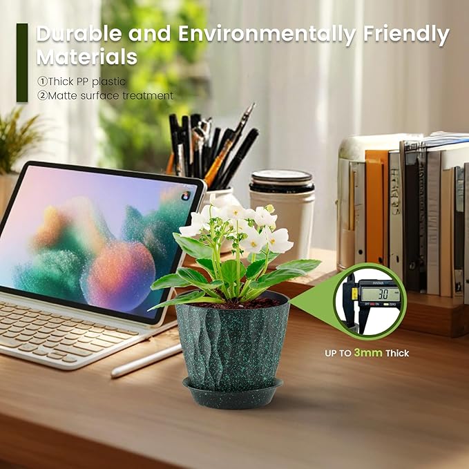 5 inch Plant Pots for Indoor Outdoor Plants, 6 Pack Thick Nursery Pots with Drainage Holes and Saucers, 3D Modern Wave Texture Small Plastic Planter Flower Pots, Black with Green Speckles