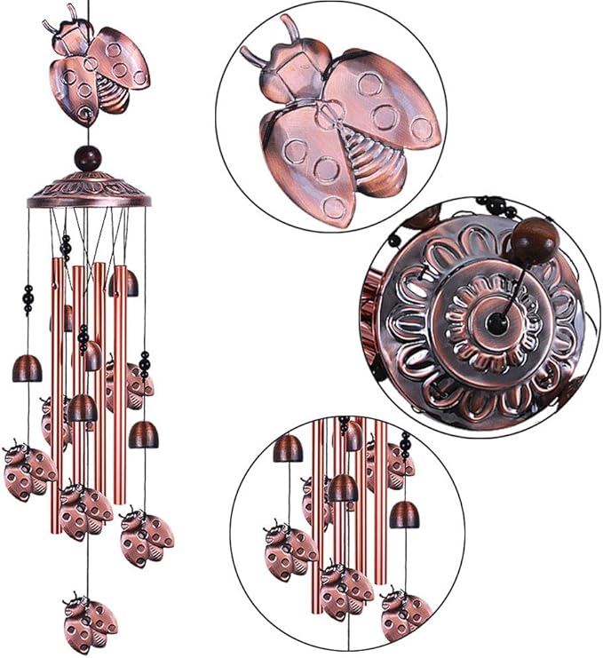 Ladybug Wind Chimes Outdoor Decor - with 4 Tubes 6 Bells 7 Ladybugs 36In Waterproof Mobile Romantic Wind Catcher Ladybug Windchimes for Home, Xmas Mom Gifts, Festival, Balcony, Garden Decoration