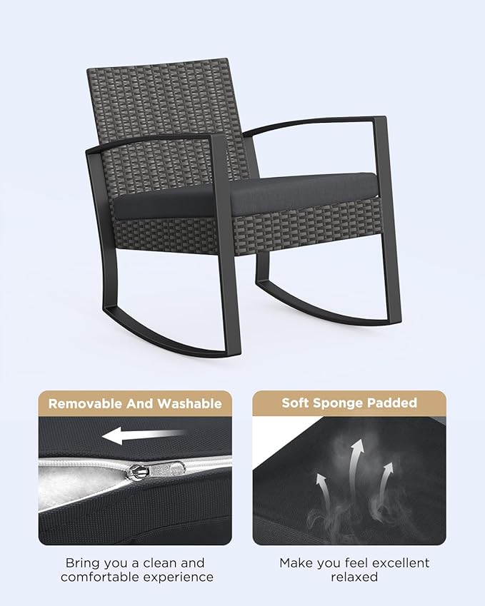 3 Pieces Patio Furniture Set Rocking Bistro Set, Outdoor Patio Furniture Set with Coffee Table for Garden Balcony Backyard Poolside (Black Cushion)