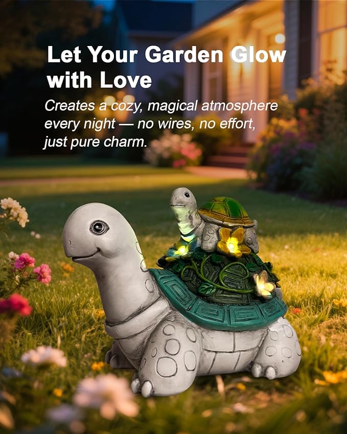 Solar Garden Lights Outdoor Statues – 2 Turtle Figurines with 7 LED Lights, Cute Lawn Ornaments for Yard, Patio, Porch, Balcony – Waterproof Solar Turtle Garden Decor for Outside