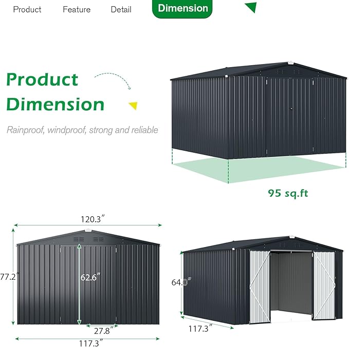 U-MAX Shed 10x10 Storage Shed, Large Metal Outside Garden Sheds & Outdoor Storage Clearance, Tool Shed Outdoor Storage Lockable for Backyard, Patio and Outside Use in Dark Grey