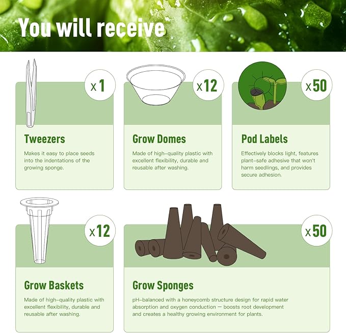 125 pcs Hydroponic Seed Pod Kit – Compatible with AeroGarden, iDOO Indoor Hydroponic Growing Systems. Includes: 50 Sponges, 50 Labels, 12 Baskets, 12 Clear Propagation Domes, +1 Plastic Tweezers