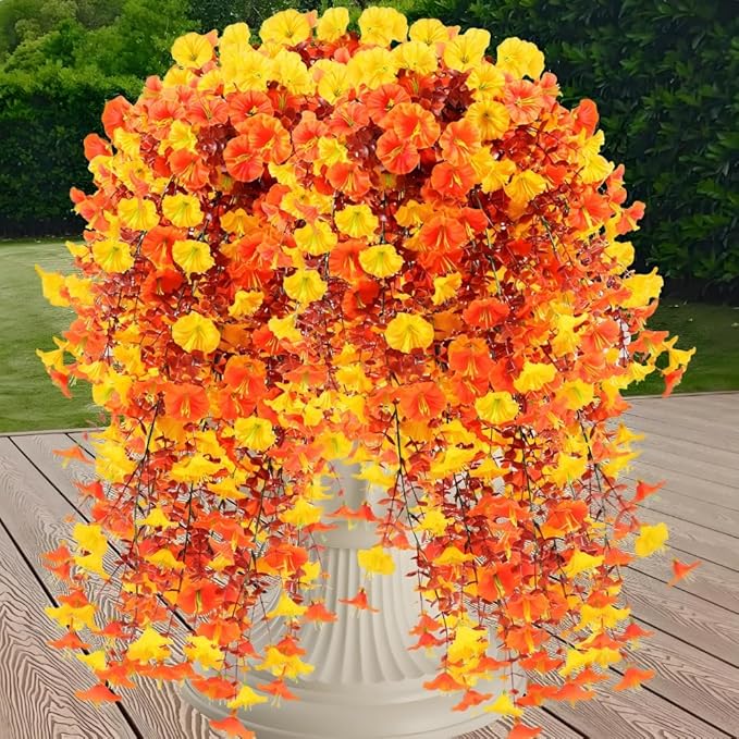 4PCS Artificial Hanging Flowers for Outdoor Decor UV Resistant Fake Morning Glory Realistic Silk Autumn Fall Hanging Plants for Porch Patio Balcony Yard (Autumn Colors)