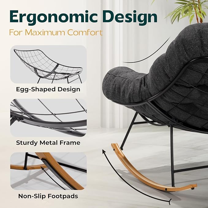 Bme Patio Rocking Chair Outdoor & Indoor, Metal Patio Lounge Rocking Chair with Thick Cushion, Comfy Modern Rocker Chair for Living Room, Porch, Backyard, Grey Cushion - Wood Texture Rocker