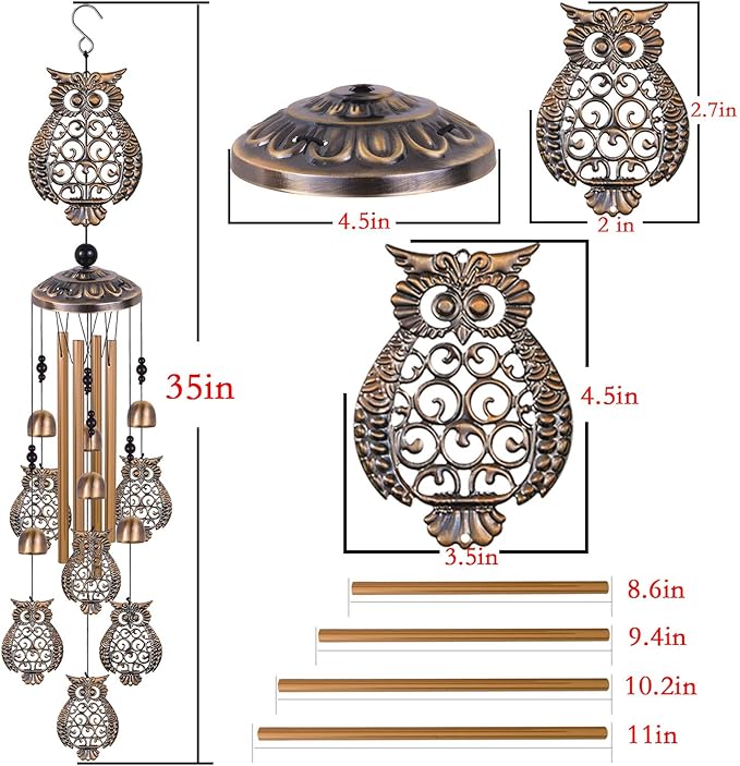 Bronze Owls Wind Chimes - Garden, Home & Patio, Balconies, Room, Indoor, Outdoor Decoration, Owl Windchimes Decor, Large Windchime, Outdoor Wind Catcher, Memorial Wind Bells Gifts for Mom & Women