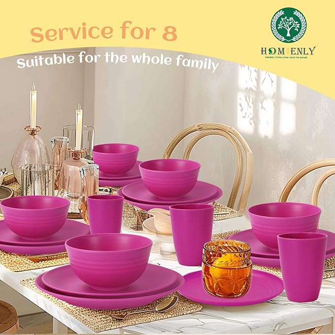 40-Piece Kitchen Plastic Wheat Straw Dinnerware Set, Dish Set for 8, Dinner Plates, Dessert Plate, Cereal Bowls, Cups, Appetizer Plates,Unbreakable Plastic Outdoor Camping Dishes,Pink