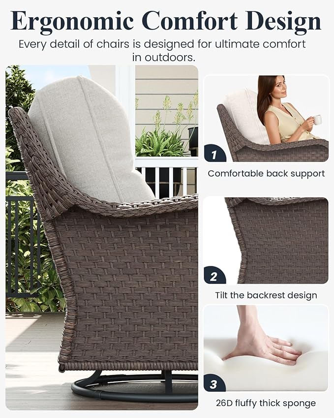 LayinSun 5 Piece Wicker Outdoor Furniture Set with 6-inch Comfy Cushions, High Back Patio Furniture Set with Swivel Rocking Chairs and Side Table