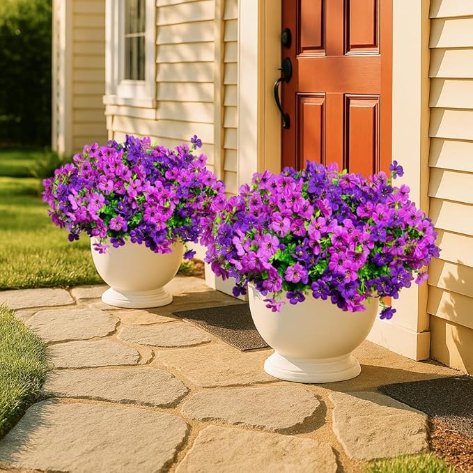 Artificial Flowers for Outdoors, 12 Bundles Outdoor Faux Plants,Uv Resistant Artificial Fake Flowers Plants, Realistic Spring Decor for Porch, Patio, Yard (DoublePurple)