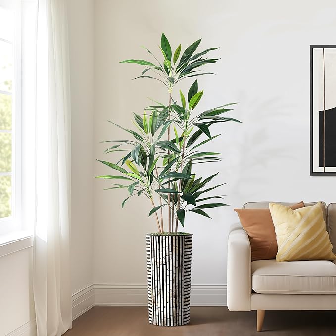 Artificial Tree in Black and Brown Striped Planter, Fake Dracaena Tree Silk Tree for Indoor and Outdoor Home Decoration - 66" Overall Tall (Plant Pot Plus Tree)