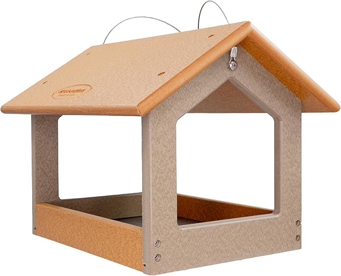 DutchCrafters Amish USA Made Recycled Plastic Large Hanging Modern Fly Through Covered Roof Open Platform Tray Bird Feeder for Outdoors, Garden, Yard (Cedar & Weatherwood)