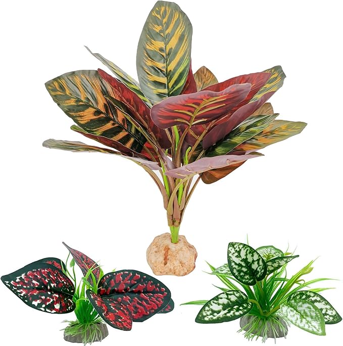 Reptile Artificial Plants, Terrarium Plants Decorations Supplies, Aquarium Fish Tank Plant, Amphibian Habitat Hideout Tank Accessories(L Set-3pcs/D)