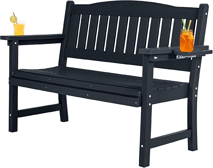 2-Person HIPS Outdoor Bench, Weatherproof Garden Bench with 800 lbs Weight Capacity, Artificial Wood Grains, Never Rot or Fade, Patio Benches for Garden, Porch, Balcony, Backyard,Park, Black