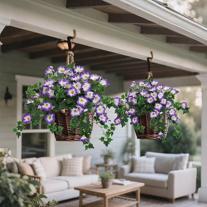 Artificial Fake Flowers Plants for Outdoor Decoration, 2PCS Faux Petunias Silk Plants UV Resistant Realistic Porch Garden Balcony Decor, Fake Flowers for Outdoor Planters Home Decor(Pure purple)