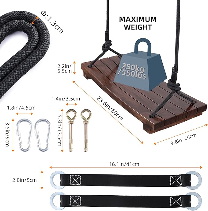 PELLOR Wood Swing Seat, Carbonized Hanging Wood Tree Swing 23.6 x9.8 x1.0 inch for Adult Kids Children Anticorrosive & 100% Waterproof Wooden Swing Set 550 lbs Load Indoor Outdoor Backyard Play