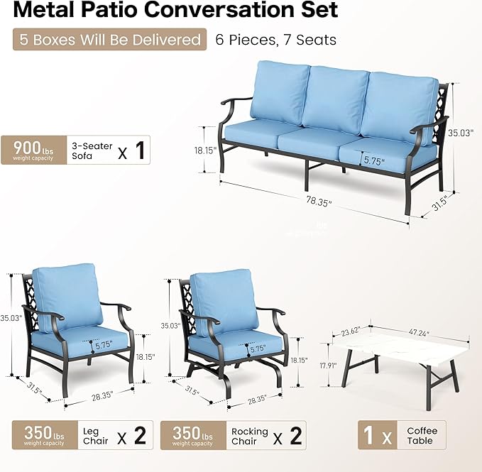 6 Piece Metal Outdoor Patio Furniture Set, Patio Conversation Sets 1 3-Seater Sofa, 4 Fixed Chairs with 5.75" Thick Cushion and Coffee Table, Backyard Furniture Set for Deck, Blue