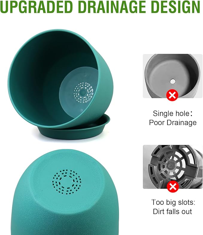 Large Flower Pots 12/10/9 inch, Set of 3 Modern Decorative Plastic Planters with Drainage Holes and Saucers for House Plants, Plant Pots for Indoor Outdoor Plants, Blue Green
