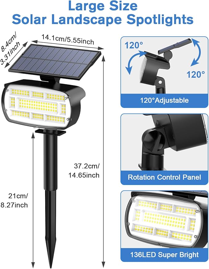 Fabrito Solar Spot Lights Outdoor 136 LEDs, Big Brighter Lighting Solar Lights Outdoor, 4 Pack IP65 Waterproof Landscape Spotlights Auto On/Off for Yard, Garden, Pathway, Plants,Tree (Cool White)