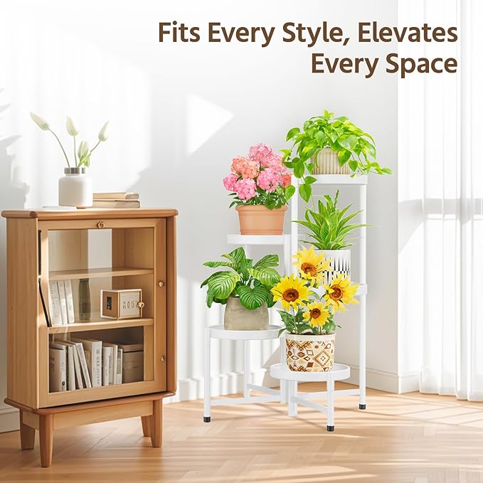 LASZOLA 5 Tiered Folding Plant Stand Indoor for Multiple Large Planter, Tall Heavy Duty Adjustable Rack with Rust Proof 10 Inch Wide Tray, Sturdy Vertical Tree Organizer for Narrow Inside Floor, White