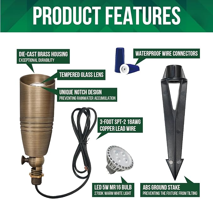 GKOLED Brass LED Outdoor Landscape Spotlights, 12V Low Voltage Spot Light, Waterproof Landscape Lights, Uplighting for Garden, Yard, Antique Bronze Accent Lighting Fixture with MR16 Bulb, 12 Pack