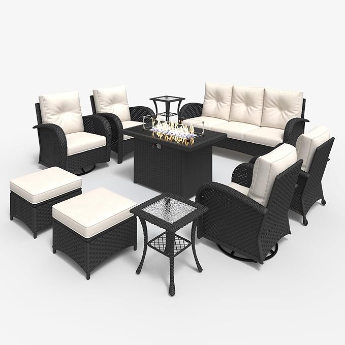 LayinSun 10 Pieces Outdoor Patio Furniture Set with Fire Pit Table, Rattan Wicker Sectional Swivel Rocker Chairs Sets