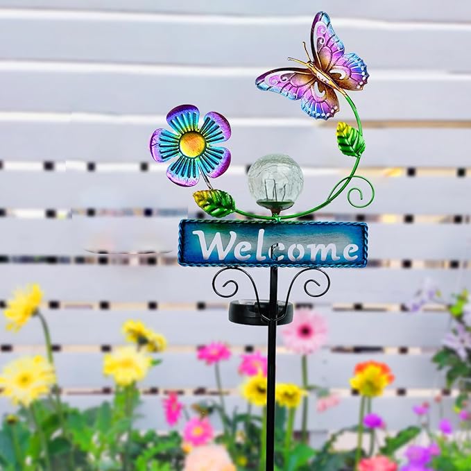Outdoor Solar Garden Lights with Welcome Sign, Butterfly Ornament Metal Stake Lights for Lawn, Patio, Cracked Glass Balls, for Mom (Butterfly)