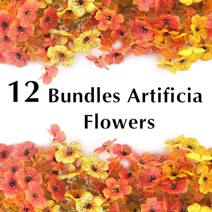 Artificial Mums for Outdoors, 12 Bundles Faux Mums for Outdoor Planters,Uv Resistant Artificial Fake Flowers Plants, Realistic Fall Decor for Porch, Patio, Yard (OrangeYellow)