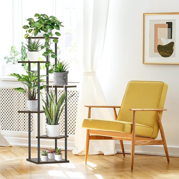 6 Tier Plant Stand Indoor, Tall Metal Wood Muti-Level Planter Shelf Holder, Sturdy Large Vertical Corner Orchid Flower Pot Display Rack for Narrow House Decor Office Living Room Bedroom, Oak