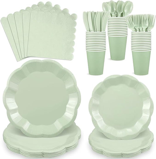 175 Pcs Sage Green Plates and Napkins Set, 25 Guest Sage Green Party Supplies Include Scalloped Plate Napkin Cup Forks Knives Disposable Plastic Cutlery for Wedding Baby Shower Birthday