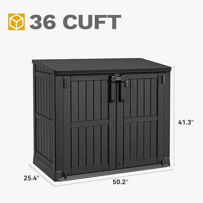 DWVO Tool Storage Shed, Storage for Bakcyard, Patio, and Garden, Resin Plastic Shed with Sloped Lid, Lockable Door, and Wood Grain Finish, Black