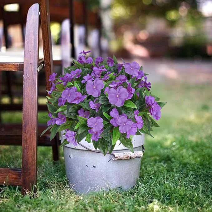 4Pcs Artificial Impatiens Flowers for Outdoors Purple Faux Silk Flowers Outdoor Artificial Impatiens Bush Bouquet Fake Plants for Patio Lawn Garden Hanging Basket Porch Decor